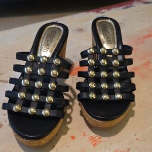 Cordani Black Multi-Strap Wedge Sandals with Gold Studs